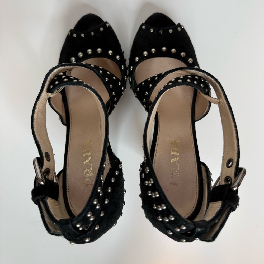 Prada Black Suede Studded Cross Strap Platform Pumps Size 35 Luxury Italian Glam - Picture 12 of 17